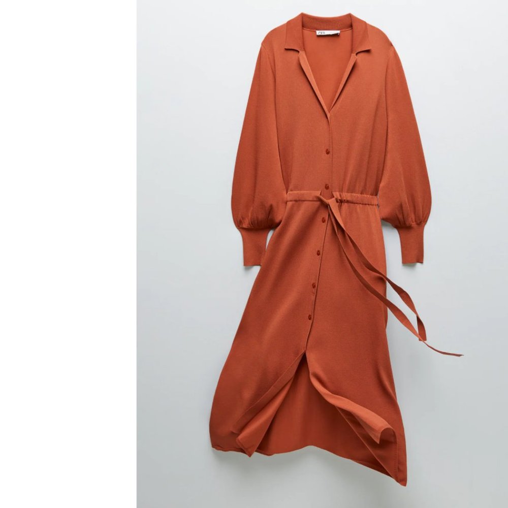 ZARA BUTTON DOWN KNIT BANDAGE BELTED MIDI SHIRT DRESS $89.90